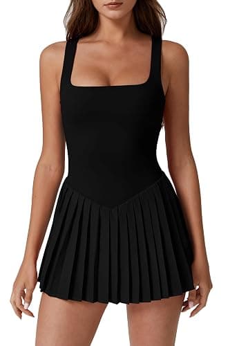 QINSEN Womens Square Neck Tennis Dress Pleated Sleeveless Built in Shorts Golf Athletic Dress with Pockets - Image 1