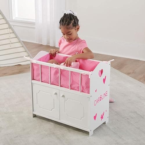 Badger Basket Wooden Baby Doll Crib with Storage, Bedding & Blanket - White | Fits up to 22" dolls; includes crib liner, blanket, pillow, storage cabinet, wood build & personalization kit. thumbnail 8