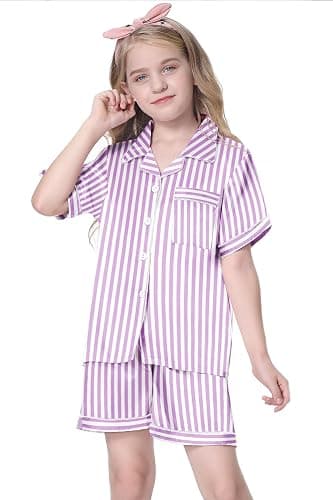 Schbbbta Girls Womens Pajamas, Satin Silky Pjs Set Kids 2Pcs Button-Down Nightwear Sleepwear Gift for Mommy and me thumbnail 2