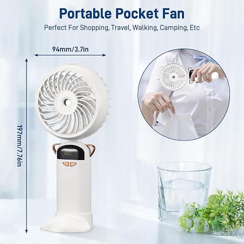 Kssvzz Portable Handheld Fan with Water Mist Spray, Rechargeable Battery Operated Fan with Base, Digital Display, 5 Speeds, 90° Ajustable, Electric Mini Fan for Travel Camping Outdoor (White) thumbnail 2