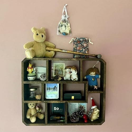 Frcctre Rustic Shadow Box Display Shelf, 9 Compartments Wood Hanging Display Floating Shelves, Multi-Slot Wall Mounted or Freestanding Farmhouse Decor Displays Case thumbnail 7