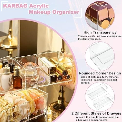 KARBAG Set of 2 Cosmetic Drawer Organiser, 3-Compartment & 1-Compartment Acrylic Makeup Organizer Stackable Organiser Makeup Vanity Organizer Trays Storage for Eyeshadow, Lipstick thumbnail 5