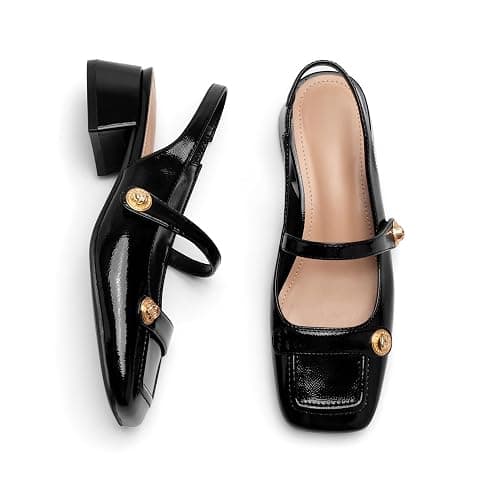 Slingback Mary Jane Heels for Women Low Block Heel Closed Square Toe Pump Shoes Heels Classic Daily Office Dressy Shoes thumbnail 4