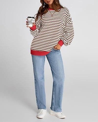 BTFBM Womens Oversized Striped Sweatshirt 2026 Spring Crewneck Long Sleeve Pullover Top Casual Y2K Clothes Workout Shirt thumbnail 8