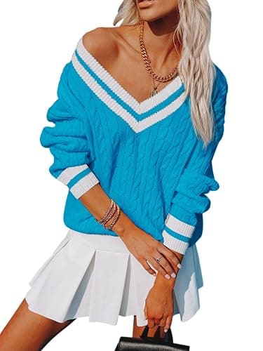 Aoudery Womens V Neck Oversized Sweaters Long Sleeve Cable Knit Pullover Striped Chunky Sweater Casual Tennis Tunic Tops - Image 1