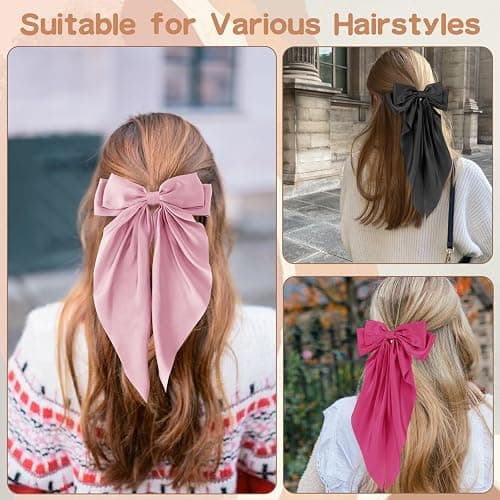 Unbednigt Hair Bows for Women, 6 PCS Silky Satin Hair Clips, Large Bow Hair Barrettes, Oversized Long Tail, Pink Color, Metal Bow Hair Clips, Aesthetic Hair Accessories thumbnail 3