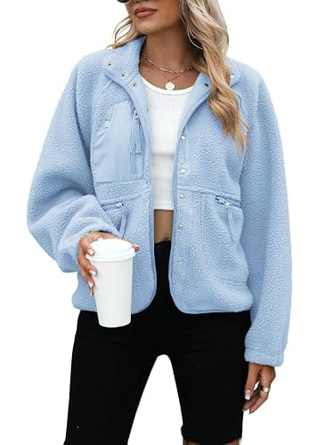 Yanekop Womens Fleece Jacket Fuzzy Long Sleeve Short Winter Coats Button Down Sherpa Jacket Outerwear with Pockets - Image 1