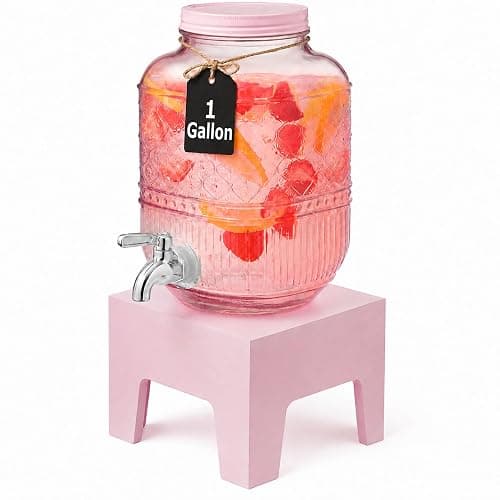 Beverage Dispenser 1 Gallon, Glass Drink Dispenser with Wooden Base Stand, Wide Mouth Jar for Lemonade, Iced Tea, Infused Water, Vintage Kitchen Decor - Pink - Image 1