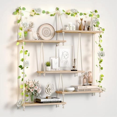 Hanging Shelf with Vine Lights 5 Tier Boho Plant Wall Shelf Floating Shelves Rope Rustic Wood Organizer Storage Hanger Rack for Wall Decor in Aesthetic Home Bedroom Kitchen (Five-tier rope rack) - Image 1