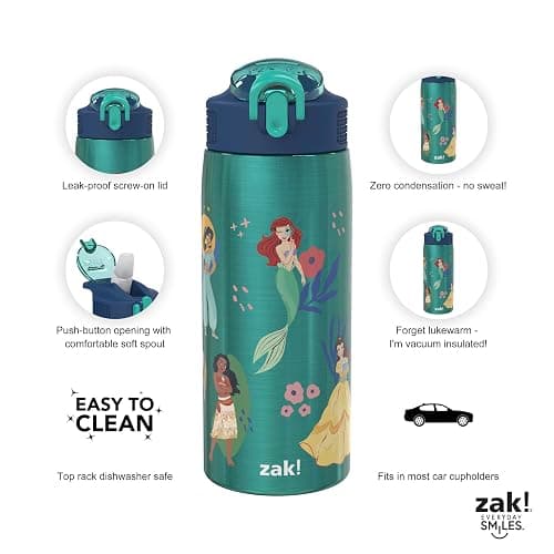 Zak Designs Disney Princess Water Bottle for Travel and At Home, 19 oz Vacuum Insulated Stainless Steel with Locking Spout Cover, Built-In Carrying Loop, Leak-Proof Design (Disney Princess) thumbnail 5