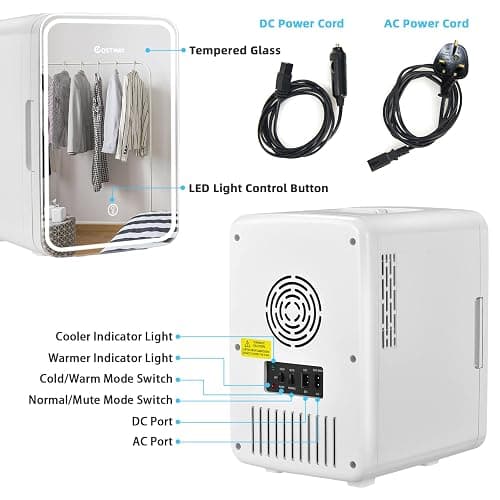 COSTWAY 10L Beauty Mini Fridge, 3-level Brightness AC/DC Skincare Refrigerator with Touch Screen Mirror, Removable Shelves, Portable Mini Cooler and Warmer for Skincare Cosmetics Bedroom thumbnail 8