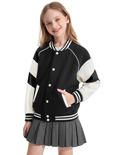 Rolanko Girls Boys Baseball Jacket Varsity Style School Sweatjacket with Pockets Bomber Coat Outwear for Kids thumbnail 2