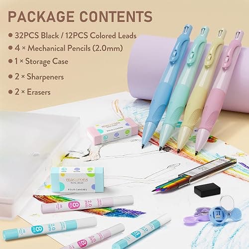 Four Candies 2.0MM Mechanical Pencil with Comfort Ergonomic Grip, 4PCS Cute Mechanical Pencils with 44PCS Lead Refills, 2PCS Sharpeners/Erasers, Aesthetic School Supplies for Kids Writing Drawing thumbnail 6