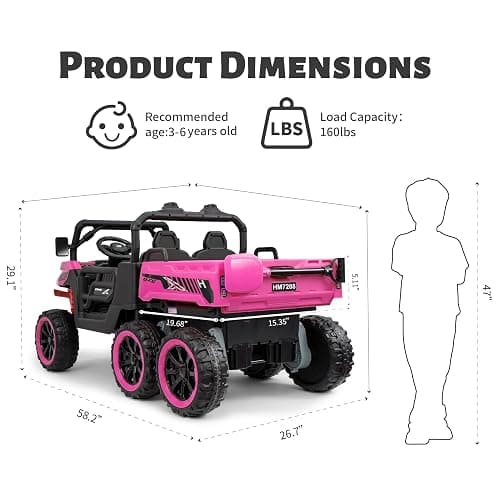TCARAIWEN 24V Ride On 2 Seater Dump Truck with Remote Control, 6x6 Electric UTV Car with Electric Dump Bed, 2 Speed 4WD Power Ride Cars 6x6 Wheels Music, Storage Trunk, Shovel for Boys Girls, Pink thumbnail 2