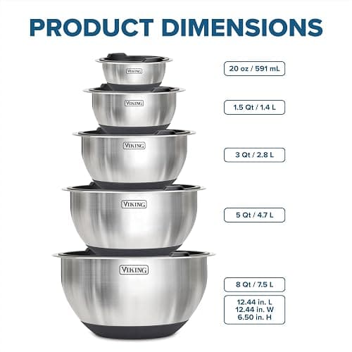 VIKING Mixing Bowls Set, 10 Piece Stainless Steel Kitchen Cookware, Non-Slip Silicone Base, Includes Tight Fit Lids, Dishwasher Safe, Black thumbnail 6