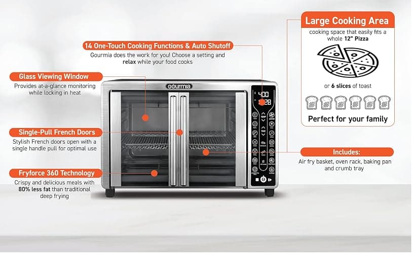 Gourmia French Door Air Fryer – 25 Qt Large Capacity Convection Oven, Fryfroce 360°, Digital Display with 17 Cooking Presets, Bake, Toast, Roast, Dehydrate, Fits 12” Pizza thumbnail 7