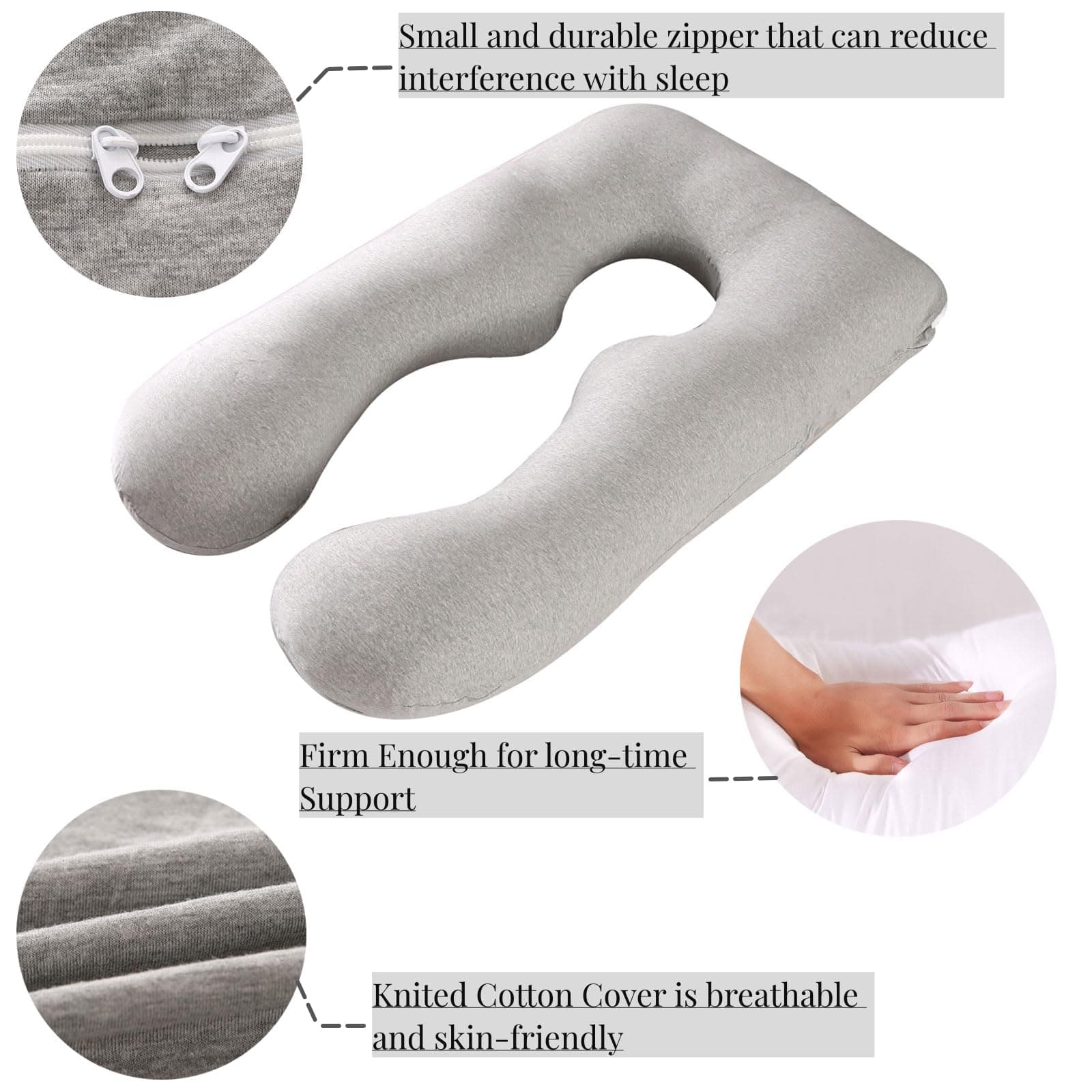 Pregnancy Pillow, Maternity Full Body Pillow for Back, Legs and Belly Support, U Shaped Full Body Pillow for Pregnant Women and Side Sleepers with Removable Cover (Knit Cotton, Grey) thumbnail 6
