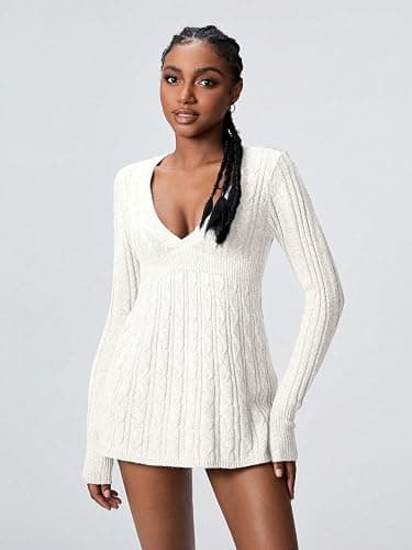 SKAYS Women's 2025 Fitted V Neck Cable Knit Fall Sweater Cozy Pullover Long Sleeve Thick Winter Tunic Shirt Top thumbnail 3