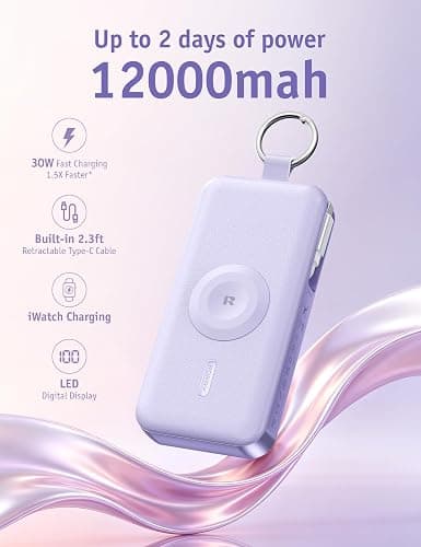 RORRY CharmGo Portable Charger 3 in 1 iPhone Power Bank for Apple 12000mAh | Built-in Retractable Cable Fast Charging Travel Keychain Battery Pack for Apple Watch /iPhone Air/17/16/15/14/13/12 thumbnail 2