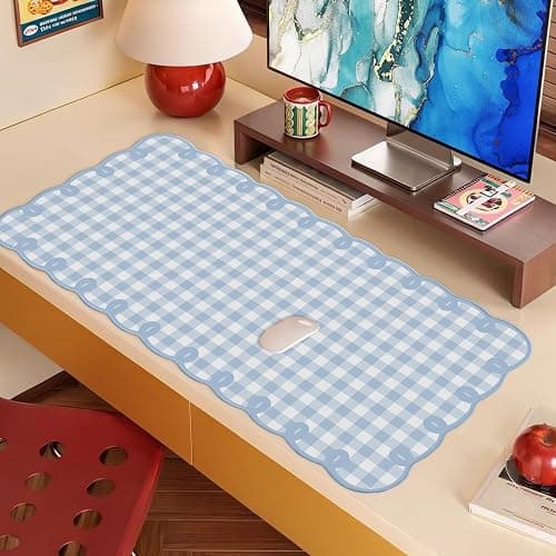 Cute Blue Scalloped Desk Mat Gingham Checkered Large Mouse Pad Kawaii Vintage Farmhouse-Inspired Cottagecore Office Desk Decor Stitched Nonslip Pad for Computer Keyboard & Mouse 31 * 15.7in thumbnail 8
