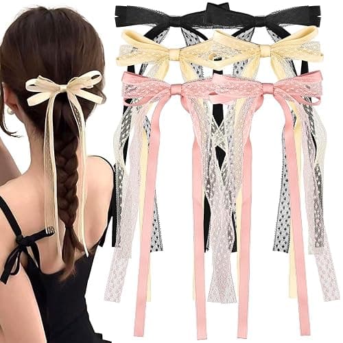 6Pcs Lace Hair Bow for Women,Cute Hair Bows Barrettes Bow Hair Clips with Long Tail,Hair Ribbon Bows Hairpins Metal Alligator Hairclips,Decorative Hairclip Hair Accessories for Women - Image 1