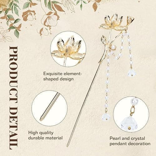 Lawie 10 Pack Retro Gold Metal Long Hair Sticks Pins with Pearl Jade Dangles Tassels Pendants Chinese Hanfu Asian Flower Butterfly Hair Chopsticks Hair Picks Bun Forks Holders Hairpins for Women Girls thumbnail 2