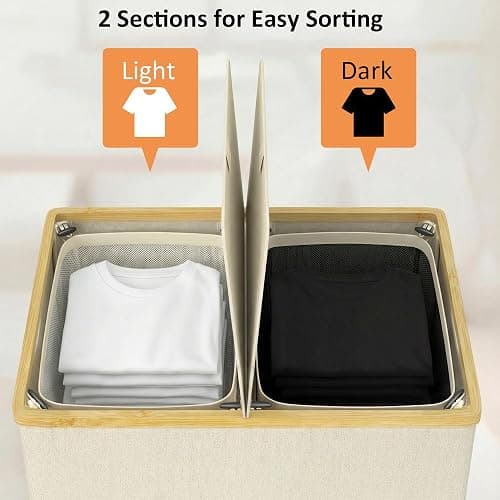 efluky Laundry Hamper with Lid, Double Laundry Basket with 2 Removable Bags, 2 Section Laundry Bin with Bamboo Handles for Bathroom, Bedroom & Laundry Room, 140L (36.9 Gallon) Beige thumbnail 4