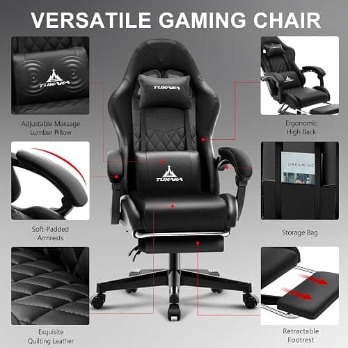 TUKAKA Gaming Chair,Ergonomic Massage Computer Office Desk Chair with Footrest,Pocket Spring Cushion,Reclining Leather Adjustable Gamer Chair with Headrest and Lumbar Support,Black thumbnail 5