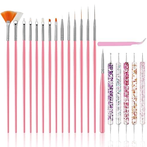 Nail Art Tools Set, Nail Art Kit for Beginners: 15 professional nail brushes for nail art, 5 precision dotting tools, 1 pink curved tweezers, Design Tools for Nail Tech & Beginners - Image 1