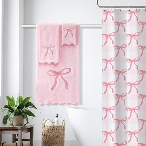 Fanfanwin 3 Pcs Pink Bow Bathroom Towel Set, Scalloped Coquette Fingertip Towels with Embroidery, 100% Cotton Absorbent Hand Towels for Bathroom, Kitchen, Wedding Gifts, Preppy Bath Decor thumbnail 4