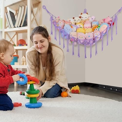 Basumee Stuffed Animals Net or Hammock with LED Light, Hanging Stuffed Animals Storage Toy Hammock Net Corner Wall Girls Room Decor Toy Storage Organizer, Purple, L thumbnail 6