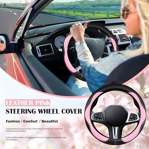 SuperKaKa Car Steering Wheel Cover 2025, Universal Auto PU Cute Breathable Slip-Proof Comfort Imitation Leather Protector Cars Interior Accessories for Women Men Fit Most Vehicle (Pink) thumbnail 7