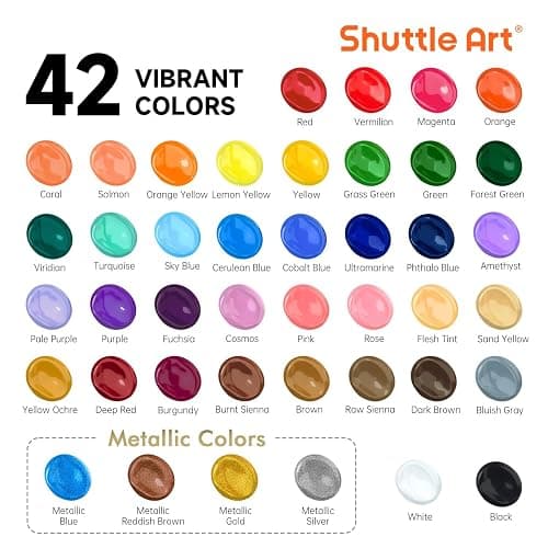 Shuttle Art Acrylic Paint, 42 Colors Acrylic Paint Set with 12 Brushes, 2oz/60ml Bottles, Rich Pigmented, Water Proof, Premium Paints for Artists, Beginners and Kids on Canvas Rocks Wood Ceramic thumbnail 3