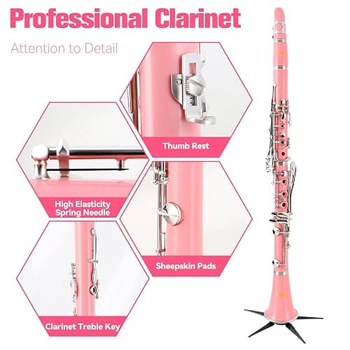 VANPHY Bb Clarinet For Beginners Students B Flat Clarinet 17 Keys Clarinet with Case Stand Strap 2 Barrels 8 Mouthpiece Cushion White Gloves(Pink) thumbnail 5
