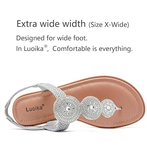 Luoika Women's Wide Width Flat Sandals, Flip Flop Thong Strappy Rhinestone Comfortable Summer Beach Shoes thumbnail 4