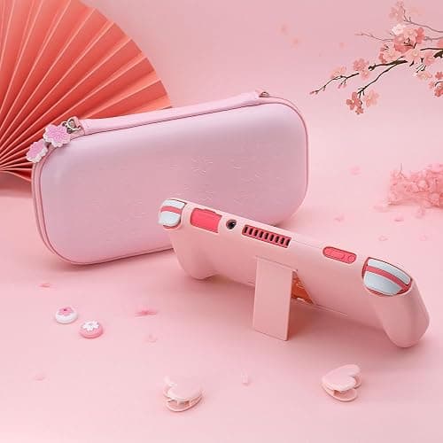 BRHE Pink Travel Carrying Case Accessories Kit for Switch Lite, Hard Protective Cover Skin Shell with Stand, Glass Screen Protector, Thumb Grip Caps 9 in 1 thumbnail 8