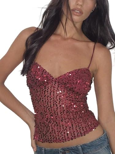 Seyumixi Women Sparkly Cami Top Sequin Spaghetti Strap Glitter Crop Top Sleeveless Going Out Tops Party Concert Outfits - Image 1