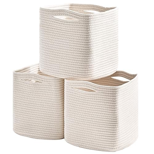 Dcerzxzci 11 Inch Cube Storage Bins, 11x11 Cube Storage Bins for Cube Organizer, Square Cloth Storage Cubes, Woven Storage Baskets for Shelves, Toy Rope Baskets Storage Kids, Off White (Pack of 3) - Off White - 11"×11"×11" - Image 1