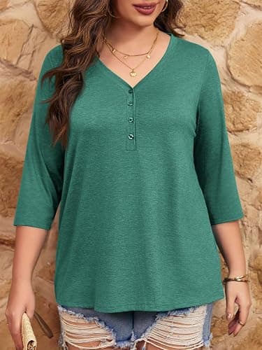 Tankaneo Women Plus Size Tops V Neck 3/4 Sleeve Casual T Shirts Loose Basic Tunic Tees thumbnail 3