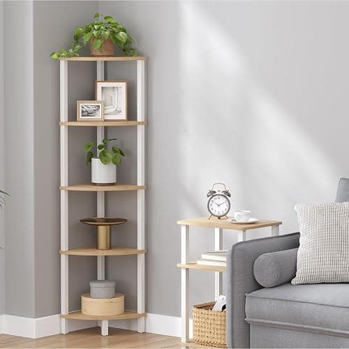 VIMBER Corner Shelf, 5-Tier Corner Bookshelf, Industrial Corner Ladder Shelf, Rustic Display Shelf for Living Room, Bedroom, Kitchen, Home Office, White and Nature Wood Color UJSJ001Q - White and Nature Wood - 5-Tier thumbnail 6
