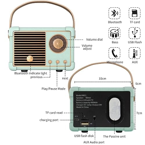 Fsjun Retro Wireless Bluetooth Speaker, Portable Outdoor Speakers,Vintage Decor, Mini Speakers with Powerful Sound, Hands-Free Calls, USB/TF Card/AUX Support (Blue) thumbnail 2