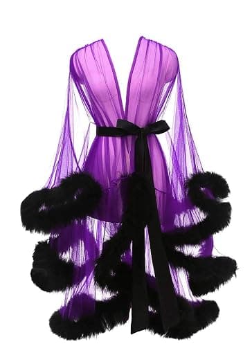 Yexinbridal Tulle Feather Robe Sexy Sheer Mesh Fur Bridal Illusion Boudoir Bathrobe Nightgown Christmas Lingerie - Image 1