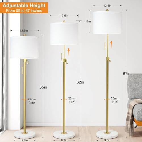 【Upgrade】 Gold Floor Lamps for Living Room, 55"-67" Height Adjustable Modern Standing Lamp with Marble Base, Pull Chain Switch, 3-Way Dimmable Tall Pole Lamp for Bedroom Office Reading, Bulb Included thumbnail 2