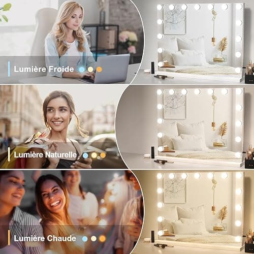 Dripex Miroir Maquillage Hollywood - 15 Ampoules LED, Lumineux 3 Modes, Luminosité Réglable, Contrôle Tactile, Port USB, Miroir Coiffeuse sur Table/sur Mur 58 x 45cm - Blanc thumbnail 2