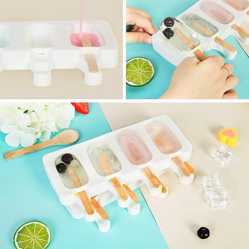 Ouddy Life Popsicle Molds Set of 2, Ice Pop Molds Silicone 4 Cavities Ice Cream Oval Cake Pop Mold with 50 Wooden Sticks for DIY Popsicle, Clear thumbnail 6
