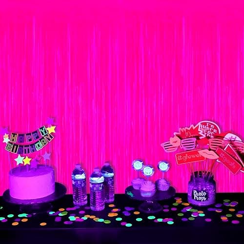 Mega-L Glow in The Dark Party Supplies, 2 Pack Neon Party Decorations 3.3 x 6.6 ft Fluorescent Macaron Fuchsia Tinsel Foil Fringe Curtains, Photo Booth Prop Backdrop Streamer, Birthday Party Decor thumbnail 5