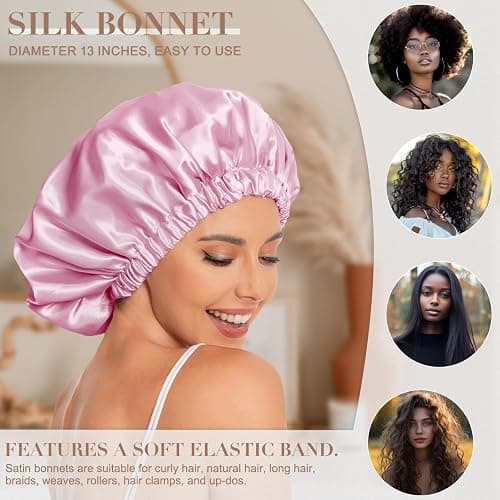 Satin Bonnet Silk Bonnet Hair Bonnet for Sleeping-Slouchy Beanie Hat Satin Sleep Cap for Women's Natural & Curly Hair(Dark Pink) thumbnail 3