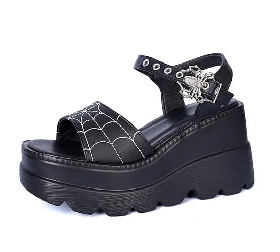 Gothniero women black platform sandals goth chunky wedge heel summer sandals girls gothic punk platform sandals for women metallic spider buckles slides size 5.5-11 - Image 1