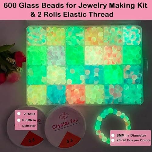 JHYlilia Glow in The Dark Glass Beads for Jewelry Making, 600Pcs 8MM 24 Grids Crystal Gemstone Beads Round Spacer DIY Craft Beads for Bracelet Necklace Earrings Phone Lanyard Wedding Decor thumbnail 4
