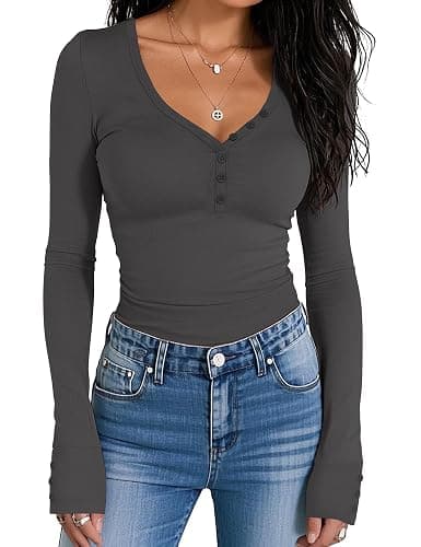 Prettywear Women Long Sleeve Henley Shirts V Neck Button Tight Slim Fitted Top Going Out Tees 2025 Trendy Spring Fall - Image 1